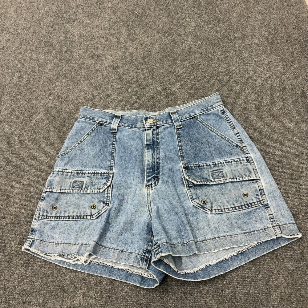 Vintage Lee Shorts Womens 12 Blue Denim Cargo Frayed Hem Utility Gorpcore 90s